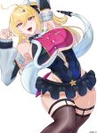  1girl absurdres ahoge arm_up armpits bare_shoulders black_skirt blonde_hair blush breasts brown_thighhighs chalky_(zenless_zone_zero) cissia_(zenless_zone_zero) commentary_request cowboy_shot detached_sleeves english_commentary fangs hair_between_eyes hair_ornament hairclip highres ichii_19 large_breasts long_hair looking_at_viewer miniskirt mixed-language_commentary open_mouth pom_pom_(clothes) pom_pom_hair_ornament red_eyes simple_background skirt snake snake_girl snake_tail solo tail thighhighs underboob white_background white_snake zenless_zone_zero 