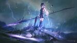  1girl 1other absurdres arm_mounted_weapon artist_name bare_shoulders black_boots black_bow black_dress black_hair boots bow breasts commentary crownless_(wuthering_waves) dress electricity english_commentary female_rover_(wuthering_waves) hair_bow highres holding holding_polearm holding_weapon long_hair medium_breasts outdoors polearm rover_(wuthering_waves) sleeveless sleeveless_dress spear thigh_boots title ui_uiiiiiiiii weapon wuthering_waves 