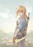  1boy absurdres belt black_gloves blonde_hair blue_tunic bow_(weapon) brown_belt charcy-tea cloud cowboy_shot day ear_piercing elf flower from_side gloves green_eyes hair_between_eyes highres holding holding_bow_(weapon) holding_weapon layered_sleeves link long_sleeves looking_at_viewer male_focus outdoors piercing pink_flower pointy_ears scabbard sheath sheathed short_hair short_over_long_sleeves short_sleeves sky solo standing sword sword_on_back the_legend_of_zelda the_legend_of_zelda:_breath_of_the_wild tunic weapon weapon_on_back 