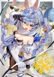  1girl :d absurdres animal_ear_fluff animal_ears balloon bare_shoulders black_gloves black_leotard black_pantyhose blue_hair braid breasts carrot_hair_ornament cleavage coat coat_dress commentary_request detached_sleeves don-chan_(usada_pekora) dress duplicate extra_ears food-themed_hair_ornament fur-trimmed_coat fur-trimmed_gloves fur_scarf fur_trim gloves hair_ornament hairclip hand_up haruhina_purple highres hololive leotard leotard_under_clothes long_hair looking_at_viewer mary_janes multicolored_hair open_mouth orange_eyes pantyhose pekomon_(usada_pekora) playboy_bunny puffy_detached_sleeves puffy_short_sleeves puffy_sleeves rabbit_ears rabbit_girl scarf shoes short_eyebrows short_sleeves small_breasts smile solo strapless strapless_leotard thick_eyebrows thigh_strap twin_braids two-tone_hair usada_pekora usada_pekora_(1st_costume) virtual_youtuber white_coat white_hair white_scarf white_shoes white_sleeves 