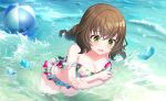  1girl ball bikini breasts brown_hair bubble cleavage collarbone commentary_request floral_print game_asset green_eyes highres medium_breasts non-web_source ocean official_art open_mouth pool self-datamine shiromaru_mito solo swimsuit wading wardrobe_malfunction water world_dai_star 