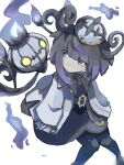  1girl belt black_dress black_hair blue_gloves blunt_bangs bob_cut chandelier chandelure closed_mouth coat dress fire gloves gwynn_(pokemon) hat highres long_sleeves magainu mega_stone multicolored_hair o-ring o-ring_belt open_clothes open_coat pantyhose partially_fingerless_gloves pokemon pokemon_(creature) pokemon_legends:_z-a purple_eyes purple_fire purple_hair short_hair white_coat yellow_eyes 