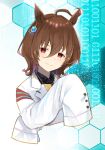  1girl agnes_tachyon_(tach-nology)_(umamusume) agnes_tachyon_(umamusume) ahoge animal_ears binary black_shirt brown_hair closed_mouth coat commentary_request cropped_torso hair_between_eyes highres horse_ears horse_girl huge_ahoge lab_coat long_sleeves medium_hair minatsuki_yurara red_eyes shirt sleeves_past_fingers sleeves_past_wrists smile solo sweater umamusume white_coat yellow_sweater 