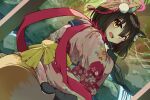  1girl animal_ears black_hair black_socks blue_archive fang feet_out_of_frame fox_ears fox_girl fox_tail from_behind hair_ornament halo highres izuna_(blue_archive) japanese_clothes kasuokasuto kimono looking_at_viewer looking_back pink_halo short_hair sitting socks solo tail tree wariza yellow_eyes 