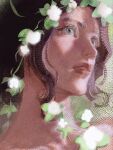  1girl brown_hair brush_stroke commentary crosshatching flower green_background green_eyes hatching_(texture) head_wreath highres leaf looking_ahead nose original painterly parted_lips portrait realistic red_lips sidelocks solo sunnnliwx untranslatable_commentary wavy_hair white_flower woven_hatching 