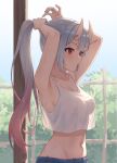  1girl armpits arms_up blush breasts closed_mouth commentary_request cowboy_shot crop_top crop_top_overhang day demon_girl demon_horns denim denim_shorts from_side grey_hair hair_tie hair_tie_in_mouth highres hololive horns large_breasts leeshin0919 long_hair looking_ahead mouth_hold nakiri_ayame navel ponytail red_eyes shirt shorts sleeveless solo sweat tree tying_hair virtual_youtuber white_shirt 