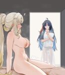  1boy 2girls absurdres ahoge alternate_costume anger_vein black_hair blonde_hair blonde_pubic_hair blue_hair breasts closed_eyes closed_mouth colored_eyelashes colored_inner_hair commentary_request completely_nude cowgirl_position cum cum_on_body cum_on_stomach earrings elsi facing_another female_pubic_hair girl_on_top grey_shirt hair_intakes hair_ornament hetero highres holding holding_pillow indoors jewelry korean_commentary large_breasts long_hair long_skirt multicolored_hair multiple_girls navel netorare nipples nude open_mouth pillow ponytail pubic_hair sex shirt siblings sidelocks sisters skirt smile stomach straddling suisui_(wuthering_waves) tacet_mark_(wuthering_waves) variant_set white_skirt wuthering_waves yangyang_(wuthering_waves) yangyang_(xuanling)_(wuthering_waves) yellow_eyes 