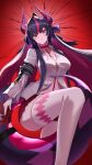  1girl ahoge body_markings breasts choker cleavage collared_shirt commentary crack cracked_wall dragon_girl dragon_horns dragon_tail hair_between_eyes hair_intakes hair_ornament hairclip head_tilt highres horns huge_ahoge large_breasts long_hair long_sleeves looking_at_viewer looking_down multicolored_eyes multicolored_hair neverness_to_everness parted_lips partially_unbuttoned red_background red_eyes red_shorts shade shinku_(nte) shirt short_shorts shorts simple_background solo stomach streaked_hair tail thick_thighs thighhighs thighs two-tone_hair underboob upper_body wavy_hair white_shirt white_thighhighs wide_sleeves yame_pi 