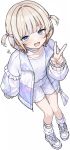  1girl :d blonde_hair breasts choker commentary_request full_body highres hololive hololive_dev_is ian709 looking_at_viewer purple_choker purple_eyes purple_hair shirt shoes short_hair shorts signature simple_background small_breasts smile sneakers solo todoroki_hajime todoroki_hajime_(1st_costume) v virtual_youtuber white_background white_shirt white_shoes white_shorts 