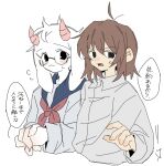  1boy 1other angry animal_ears blue_sailor_collar blush brown_hair crossdressing crossdressing_(mtf) dayama deltarune furry furry_male glasses goat_boy goat_ears goat_horns highres holding_hands horns kris_(deltarune) long_sleeves looking_at_viewer neckerchief open_mouth pink_horns ralsei round_eyewear sailor_collar school_uniform shirt short_hair simple_background utdr_(toby_fox) white_background 