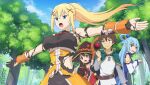  1boy 3girls aqua_(konosuba) armor black_bodysuit black_gloves blonde_hair blue_eyes blue_hair blue_shirt bodysuit braid braided_base breasts broken_armor brown_cape brown_hair brown_hat cape clenched_hand closed_mouth darkness_(konosuba) detached_sleeves dress fingerless_gloves forest from_side game_asset gloves green_cape green_eyes grey_shirt hair_ornament hair_rings hand_up hat highres holding holding_staff jitome kono_subarashii_sekai_ni_shukufuku_wo! kono_subarashii_sekai_ni_shukufuku_wo!_kono_yokubukai_game_ni_shinpan_o! large_breasts long_hair long_sleeves looking_ahead looking_at_another looking_back megumin multiple_girls nature official_art open_mouth outdoors outstretched_arms ponytail ponytail_with_braided_base raised_inner_eyebrows red_dress red_eyes satou_kazuma shirt short_hair short_hair_with_long_locks single_hair_ring sleeveless sleeveless_shirt solo_focus sphere_hair_ornament spread_arms staff standing sweatdrop torn_bodysuit torn_clothes tree tunic upper_body v-shaped_eyebrows variant_set_available wavy_mouth white_sleeves white_tunic witch_hat x_hair_ornament yellow_armor 