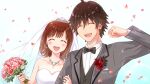  1boy 1girl :d ^_^ ahoge amagase_touma amami_haruka ayuko_(ayuco) bare_shoulders black_bow black_bowtie blush bow bowtie breasts bridal_veil bride brown_hair cleavage closed_eyes commentary_request corsage dress facing_viewer falling_petals flower grey_jacket groom hetero holding holding_flower idolmaster idolmaster_(classic) idolmaster_side-m jacket lapels notched_lapels petals pink_petals red_flower see-through_clothes see-through_veil short_hair smile traditional_bowtie upper_body variant_set veil wedding_dress 