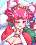  1girl :p ;p absurdres alternate_breast_size_(larger) arm_up blunt_bangs breasts capelet christmas cleavage commentary commission commissioner_upload dress english_commentary facial_mark fire_emblem fire_emblem_engage fire_emblem_heroes folded_twintails fur-trimmed_capelet fur_trim fur_wrist_cuffs gloves hair_rings heart heart_facial_mark highres hortensia_(fire_emblem) hortensia_(winter's_dearest)_(fire_emblem) large_breasts multicolored_hair multicolored_tiara nkmorker official_alternate_costume one_eye_closed pink_eyes pink_hair red_capelet red_gloves santa_costume santa_dress sidelocks smile snowman_ornament striped_clothes tongue tongue_out two-tone_hair v v_over_eye vgen_commission white_trim wrist_cuffs 