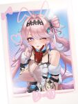  1girl :p ;p absurdres ahoge bare_shoulders blue_hair breasts colored_inner_hair commentary_request denia_(wuthering_waves) detached_sleeves drawn_ears drawn_whiskers gloves hair_intakes hair_ornament hand_up heart highres long_hair looking_at_viewer medium_breasts multicolored_hair one_eye_closed pink_hair purple_eyes red_gloves solo stuffed_toy tongue tongue_out u_u2_12 upper_body wuthering_waves 