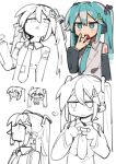  1girl aqua_eyes aqua_hair aqua_necktie blush chibi collared_shirt cropped_torso detached_sleeves grey_shirt hair_between_eyes hair_ornament hairclip hand_to_own_mouth hatsune_miku heart holding jitome long_hair long_sleeves multiple_views necktie open_mouth partially_colored pipop_(sakanauwosakana) shirt simple_background sketch sleeveless sleeveless_shirt tattoo twintails upper_body vocaloid white_background yawning 