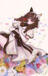  1girl animal_ears asymmetrical_gloves black_dress black_gloves blush braid braided_sidelocks breasts brown_hair closed_mouth commentary curren_bouquetd'or_(racing)_(umamusume) curren_bouquetd'or_(umamusume) dress ear_covers elbow_gloves english_commentary floral_print floral_print_dress flower gloves grey_eyes hair_between_eyes hair_ornament hairband highres holding holding_flower horse_ears horse_girl long_hair low_twin_braids mismatched_ear_covers mismatched_gloves multicolored_hair ppponpotato print_dress sidelocks smile solo streaked_hair twin_braids umamusume very_long_braid white_dress white_gloves white_streaks 