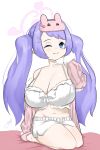  absurdres blue_archive blue_eyes blue_hair bra breasts commentary_request eye_mask hair_ornament hairclip halo hanae_(blue_archive) hands_in_opposite_sleeves highres large_breasts mask one_eye_closed oppai_loli pajamas pink_halo pink_slippers shortstack sleepwear slippers twintails underwear yasaitsume 