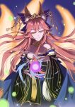  1girl animal_ear_fluff animal_ears bare_shoulders blush breasts cleavage closed_mouth collarbone commentary dress fate/extra fate/grand_order fate_(series) fox_ears fox_girl highres japanese_clothes large_breasts long_hair looking_at_viewer off-shoulder_dress off_shoulder official_alternate_costume official_alternate_hairstyle pink_hair shakugetsu_rk solo tamamo_no_mae_(fate) tamamo_no_mae_(third_ascension)_(fate) yellow_eyes 