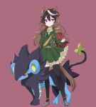  1girl aiguillette animal_ears ascot black_thighhighs brown_hair buttons cape closed_mouth commentary_request double-breasted epaulettes gloves green_jacket green_skirt hair_between_eyes highres horse_ears horse_girl horse_tail jacket jewelry long_hair long_sleeves looking_at_viewer luxray medal multicolored_hair pokemon pokemon_(creature) purple_eyes red_cape reya_p_d3 shoes side_cape simple_background single_epaulette skirt smile streaked_hair symboli_rudolf_(emperor's_path)_(umamusume) symboli_rudolf_(umamusume) tail thighhighs umamusume white_ascot white_gloves white_hair yellow_eyes 