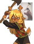  1girl angry animal_nose antlers artist_name axe blonde_hair blush buck_teeth checkered_clothes checkered_sweater_vest checkered_vest chronocrump deer_antlers deer_girl deer_tail deltarune freckles furry furry_female highres holding holding_axe hooves horns long_hair noelle_holiday photo-referenced reference_inset reindeer_girl simple_background stock_photo sweater_vest tail teeth two-tone_sweater_vest utdr_(toby_fox) v-shaped_eyebrows vest white_background 