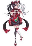  1girl absurdres ahoge alternate_costume angel_wings black_hair black_skirt black_thighhighs commentary_request demon_wings dress hair_ornament heart heart_hair_ornament heart_hands highres itsuki_keiichi lacrimosa_(nte) looking_at_viewer multicolored_hair neverness_to_everness red_dress red_eyes red_shoes revision shoes skirt solo split-color_hair thigh_strap thighhighs white_hair white_thighhighs wings x_hair_ornament 