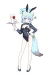  ! 1girl :o alcohol animal_ear_hairband animal_ears bare_legs black_bow black_bowtie black_leotard blue_archive blue_halo blush bow bowtie breasts clothing_request collar commentary covered_navel cup detached_collar drinking_glass fake_animal_ears fake_tail green_hair hair_between_eyes hairband halo high_heels highres holding holding_tray leotard lmg7811 looking_at_viewer open_mouth playboy_bunny purple_eyes rabbit_ear_hairband rabbit_ears rabbit_tail shigure_(blue_archive) short_hair simple_background small_breasts solo speech_bubble spoken_exclamation_mark standing strapless strapless_leotard tail tray weasel_ears weasel_girl weasel_tail white_collar white_wrist_cuffs wine wine_glass wrist_cuffs 