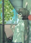  1girl blue_sky bouhuman breasts brown_hair cloud collared_shirt dappled_sunlight day food from_side grey_eyes hand_up highres holding holding_food holding_popsicle leaf messy_hair motor_vehicle open_mouth original outdoors pleated_skirt popsicle profile school_uniform shirt short_hair short_sleeves skirt sky solo summer sunlight sweat tree upper_body white_shirt 