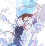  2girls absurdres asaka_kaori black_shirt blue_skirt bow brown_hair bubble chinese_commentary closed_eyes closed_mouth commentary_request eyelashes floating floating_hair flower ghost grey_hair hand_on_another's_shoulder highres holding holding_notebook hoshikawa_shizuku kimi_to_tsuzuru_utakata long_hair long_skirt long_sleeves looking_up medium_hair morning_glory multiple_girls notebook parted_lips plaid_bow plant profile purple_flower purple_vest red_bow sailor_collar school_uniform serafuku shenxun shirt short_sleeves skirt smile very_long_hair vest vines white_sailor_collar white_shirt wrist_bow yuri 