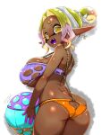  +_+ 1girl :d alternate_breast_size_(larger) artist_name ass ball beachball bikini blonde_hair breasts commentary_request dark-skinned_female dark_skin domino_mask eye_mask frye_(splatoon) gradient_hair highres holding holding_ball huge_breasts inkling looking_at_viewer mask multicolored_bikini multicolored_hair orange_bikini pointy_ears purple_bikini purple_hair simple_background smile solo splatoon_(series) swimsuit t2ukmyjm tentacle_hair two-tone_bikini very_dark_skin white_background 