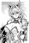  1girl abo_(hechouchou) animal_ears armor belt blush braid braided_ponytail breastplate breasts cleavage commentary_request erune gauntlets granblue_fantasy greyscale grin hair_intakes hair_tubes hairband heles large_breasts long_hair looking_at_viewer monochrome pauldrons shoulder_armor sidelocks single_braid smile solo very_long_hair 