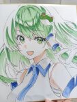  1girl :d absurdres breasts chest_sarashi chinese_commentary collared_shirt commentary_request detached_sleeves frog_hair_ornament green_eyes green_hair hair_ornament hair_tubes highres kochiya_sanae l0e9s29p large_breasts looking_at_viewer open_mouth photo_(object) sarashi shikishi shirt single_hair_tube sleeveless sleeveless_shirt smile snake_hair_ornament solo touhou traditional_media upper_body white_shirt 