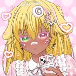  1girl :< angel_wings_hair_ornament animal_ears artist_self-insert bandaid bandaid_on_face bandaid_on_nose blonde_hair colored_eyelashes dark-skinned_female dark_skin double-parted_bangs dress droopy_ears earrings food-themed_hair_ornament frills green_eyes hair_ornament heart heart-shaped_pupils heart_background heart_earrings heterochromia holding holding_phone jewelry long_hair lovepink maid multicolored_hair musical_note musical_note_hair_ornament narutomaki_hair_ornament open_mouth original phone picrew_(medium) pink_background pink_dress pink_eyes pink_hair pink_ribbon pink_streaks puffy_sleeves rabbit_ears rabbit_girl ribbon self-upload solo sparkle straight_hair streaked_hair sweat symbol-shaped_pupils triangle_mouth two-tone_hair 