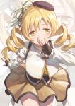  1girl beret black_gloves black_hat blonde_hair brown_skirt circle_skirt commentary covering_own_mouth detached_sleeves drill_hair fingerless_gloves gloves hat highres looking_at_viewer magical_girl mahou_shoujo_madoka_magica mahou_shoujo_madoka_magica:_walpurgis_no_kaiten open_mouth puffy_short_sleeves puffy_sleeves purigetsu short_sleeves skirt solo tomoe_mami tomoe_mami_(magical_girl) twin_drills twitter_username yellow_eyes zoom_layer 