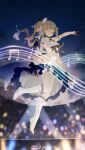  1girl absurdres alternate_costume artist_name barbara_(genshin_impact) black_gloves blonde_hair boots chinese_commentary commentary_request dated dress from_side full_body genshin_impact gloves hair_ornament half_gloves high_heel_boots high_heels highres holding holding_microphone idol jumping knee_boots looking_to_the_side microphone night open_mouth sheet_music sky smile solo stage_lights strapless strapless_dress swkl:d twintails white_boots white_dress 