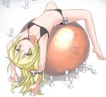  1girl arched_back armpits arms_up ball barefoot bikini black_bikini blonde_hair blush bow breasts chess_piece collarbone commentary cookie_(touhou) exercise_ball hair_bow kirisame_marisa long_hair lying lying_on_ball miyako_(naotsugu) navel on_ball pawn_(chess) simple_background small_breasts solo spread_legs swimsuit touhou upside-down uzuki_(cookie) white_background white_bow yellow_eyes 