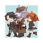  1girl 2boys black_hair blush closed_eyes commentary fate/grand_order fate_(series) fujimaru_ritsuka_(female) fujimaru_ritsuka_(female)_(polar_chaldea_uniform) fujimaru_ritsuka_(male) fujimaru_ritsuka_(male)_(polar_chaldea_uniform) furry furry_male grey_fur grey_hair male_focus momori_muku multiple_boys notice_lines open_mouth orange_hair patxi_(fate) smile sweatdrop walking wolf_boy 