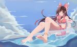  1girl absurdres alternate_costume barefoot bikini blue_sky bow breasts brown_hair c2215721819 chinese_commentary cloud commentary_request cup day disposable_cup drinking drinking_straw drinking_straw_in_mouth frilled_bow frilled_hair_tubes frills hair_bow hair_tubes hakurei_reimu highres holding holding_cup long_hair looking_at_viewer midriff navel ocean outdoors red_bikini red_bow red_eyes sky small_breasts soles solo swim_ring swimsuit toes touhou water 