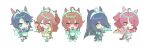  5girls ahoge animal_ears apron black_hair black_jacket black_leg_warmers black_pantyhose black_skirt black_socks blue_eyes blush breasts brown_eyes brown_hair carrot chibi cropped_jacket cup dantsu_flame_(umamusume) danumamusume food frilled_apron frills fuji_kiseki_(umamusume) green_jacket green_socks hair_between_eyes hair_bun hair_ornament hairband hairclip highres holding holding_saucer holding_teapot holding_tray horse_ears horse_girl horse_tail jacket jersey_maid jungle_pocket_(umamusume) large_breasts leg_warmers long_bangs long_hair long_hair_between_eyes long_sleeves looking_at_viewer maid maid_apron maid_headdress manhattan_cafe_(umamusume) medium_breasts medium_hair midriff multicolored_hair multiple_girls navel notched_ear omelet omurice one_eye_closed open_mouth pantyhose pink_hairband pink_shorts ponytail saucer short_hair shorts simple_background skirt small_breasts smile socks suspender_skirt suspenders tail teacup teapot thigh_strap tongue tongue_out track_jacket tray umamusume unconventional_maid white_apron white_background white_hair yellow_eyes yellow_jacket yellow_skirt 