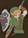  1boy arm_up belt belt_buckle blonde_hair blue_eyes brown_background brown_belt brown_gloves buckle closed_mouth collared_tunic commentary cropped_legs curtained_hair drawing_sword english_commentary film_grain fingerless_gloves frown gloves green_hat green_tunic hat highres holding holding_shield holding_sword holding_weapon hylian_shield layered_sleeves link long_pointy_ears long_sleeves looking_to_the_side male_focus msk3284tloz multiple_belts pointy_ears scabbard sheath shield shirt short_over_long_sleeves short_sleeves sideways_glance signature solo sword the_legend_of_zelda the_legend_of_zelda:_ocarina_of_time thick_eyebrows tunic unfinished weapon white_shirt wing_collar 