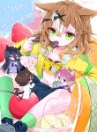  4girls absurdres agnes_tachyon_(umamusume) ahoge animal_ears bandeau black_hair blue_skirt blush bow bowtie braid breasts brown_hair chocolate coat commentary_request dantsu_flame_(umamusume) ear_covers ear_tag earrings food food_in_mouth fruit green_socks hair_between_eyes hair_ornament hairband hairclip half_up_braid half_up_half_down_braid happy_birthday highres horse_ears horse_girl horse_tail jacket jewelry jungle_pocket_(champion's_battle_cry)_(umamusume) jungle_pocket_(umamusume) lab_coat long_bangs long_hair long_hair_between_eyes long_sleeves manhattan_cafe_(umamusume) medium_hair midriff multicolored_hair multiple_girls navel notched_ear open_clothes open_mouth pink_hairband pleated_skirt purple_sailor_collar purple_serafuku purple_shirt purple_skirt reya_p_d3 sailor_collar sailor_shirt school_uniform serafuku shirt single_earring single_loose_sock skirt small_breasts socks strawberry suspender_skirt suspenders tail tracen_school_uniform umamusume white_bow white_bowtie white_coat white_hair winter_uniform yellow_bandeau yellow_eyes yellow_jacket 