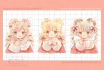  3girls :< :3 :q animal_ears bear_ears blonde_hair blush_stickers bow braid closed_mouth commentary cropped_shoulders english_commentary english_text fur-trimmed_sleeves fur_trim hair_bow hair_ribbon hair_sprinkles heart heart_in_eye high_collar icing long_sleeves multiple_girls mura_(yoshishi_ff) open_mouth original own_hands_together painting_(medium) red_bow red_nails red_ribbon red_shirt red_sleeves ribbon shirt smile sprinkles symbol_in_eye tareme tongue tongue_out traditional_media twin_braids twintails watercolor_(medium) white_hair 