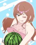  1girl asukart00works bang_dream! bang_dream!_girls_band_party! bikini bracelet breasts brown_hair cleavage commentary_request food fruit green_eyes highres imai_lisa jewelry long_hair outline pink_bikini solo swimsuit tongue tongue_out watermelon white_outline 
