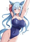  1girl animal_ears arm_behind_head blue_hair blue_one-piece_swimsuit braid breasts cleavage competition_school_swimsuit covered_navel crown_braid ear_ornament highleg highleg_one-piece_swimsuit horse_ears horse_girl horse_tail large_breasts lio_(maguri) long_hair looking_at_viewer mejiro_ardan_(umamusume) one-piece_swimsuit purple_eyes school_swimsuit simple_background solo stretching swimsuit tail thigh_gap umamusume white_background 