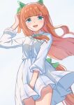  1girl absurdres animal_ears blue_eyes blunt_bangs blush center_frills commentary_request cowboy_shot ear_covers frilled_sleeves frills green_ribbon hair_ornament hairband hand_in_own_hair highres horse_ears horse_girl horse_tail long_hair long_sleeves looking_at_viewer neck_ribbon official_alternate_costume open_mouth orange_hair orange_tail ribbon shirt silence_suzuka_(umamusume) simple_background skirt skirt_tug smile solo tail taro_yokayoka teeth umamusume upper_teeth_only white_background white_hairband white_shirt white_skirt 