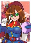  1girl android beret border breasts brown_hair closed_mouth commentary ebimpawa english_commentary floral_background flower green_eyes hair_between_eyes hat holding_own_hair iris_(mega_man) long_hair looking_at_viewer mega_man_(series) mega_man_x_(series) outline outside_border red_background red_hat smile solo upper_body white_border white_outline 