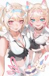  2girls :d animal_ears bandaid bandaid_hair_ornament black_collar black_shoes black_skirt blonde_hair blue_eyes blue_hairband blue_streaks breasts cleavage collar collared_shirt commentary crossed_bangs dog_ears dog_girl dog_tail double-parted_bangs extra_ears fake_horns frilled_sleeves frills fuwawa_abyssgard hair_between_eyes hair_ornament hairband hairclip highres hololive hololive_english horn_hairband horns jewelry jitome kneehighs large_breasts looking_at_viewer miniskirt mococo_abyssgard multicolored_hair multiple_girls neck_ribbon necklace open_mouth padoruu parallel_hairclips pink_eyes pink_hairband pink_streaks pleated_skirt reaching reaching_towards_viewer ribbon ruffian_(fuwamoco) shirt shirt_tucked_in shoes short_hair short_sleeves siblings side_ponytail simple_background sisters skirt smile socks streaked_hair tail thighhighs twins two_side_up untranslatable_commentary virtual_youtuber white_background white_shirt white_socks white_thighhighs x_hair_ornament 