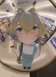  1girl :3 absurdres arknights artist_name bag blonde_hair blue_hair blue_overalls commentary convenience_store dragon_girl dragon_horns english_commentary english_text fisheye grey_eyes grey_hair hair_between_eyes hands_in_pockets highres horns indoors kowasu1 long_hair long_pointy_ears long_sleeves looking_at_mirror looking_at_viewer mirror multicolored_hair overalls pointy_ears security_camera shirt shop shoulder_bag shu_(arknights) solo twitter_username white_shirt 