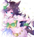  1girl ahoge animal_ears arm_strap asymmetrical_jacket blush breasts brown_hair choker cleavage commentary_request confetti cropped_jacket hair_ornament hat highres horse_ears horse_girl horse_tail jacket long_hair looking_at_viewer medium_breasts midriff mini_hat mini_top_hat mr._c.b._(clear_bliss)_(umamusume) mr._c.b._(umamusume) navel open_mouth pants reya_p_d3 shirt single_bare_shoulder single_sleeve single_wrist_cuff solo strapless strapless_shirt tail top_hat umamusume white_background white_jacket white_pants wrist_cuffs yellow_choker 