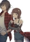  1boy 1girl amagase_touma amami_haruka arm_hug bare_shoulders black_choker blue_shorts breasts brown_hair choker cleavage collared_shirt commentary_request cowboy_shot denim denim_shorts detached_sleeves green_eyes grey_sleeves grin hair_ornament hetero highres idolmaster idolmaster_(classic) idolmaster_million_live! idolmaster_million_live!_theater_days idolmaster_side-m mintpmintp official_alternate_costume open_clothes open_shirt plaid_clothes plaid_shirt red_shirt shirt short_hair shorts simple_background smile standing star_(symbol) star_choker star_hair_ornament white_background 