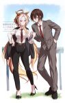  1boy 1girl ahoge animal_ears belt black_jacket black_pants blue_eyes breasts brown_belt brown_eyes brown_hair collared_shirt colored_bangs commentary_request ear_covers grey_jacket grey_pants highres holding holding_tablet_pc horse_ears horse_girl horse_tail jacket jacket_on_shoulders large_breasts long_hair long_sleeves multicolored_hair necktie orange_hair orfevre_(umamusume) pants red_necktie shirt short_hair single_ear_cover tablet_pc tail trainer_(umamusume) two-tone_hair umamusume white_hair white_shirt yue_(lov_n_n) 